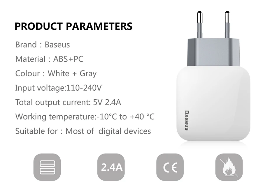 Baseus 2 USB EU зарядное устройство штекер для samsung huawei Xiaomi двойной USB порт путешествия настенное зарядное устройство USB ЗУ для мобильного телефона адаптер 5V2. 4A