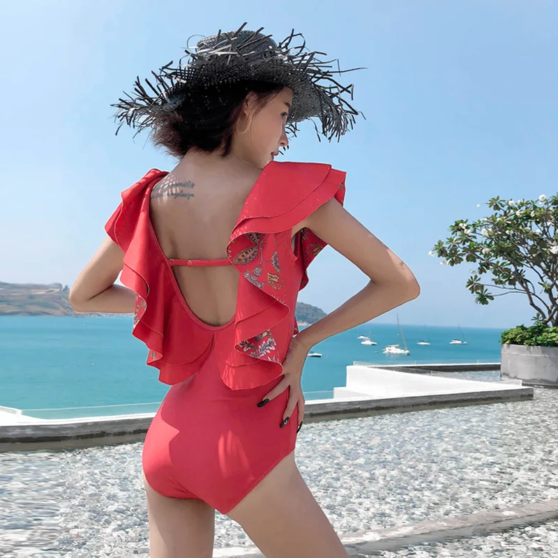 

Swim Wear Women 2019 Women's Swimsuit Whole Fused Push Up Bikiny Set Female Korean Web Falbala Sexy Split Backless Solid