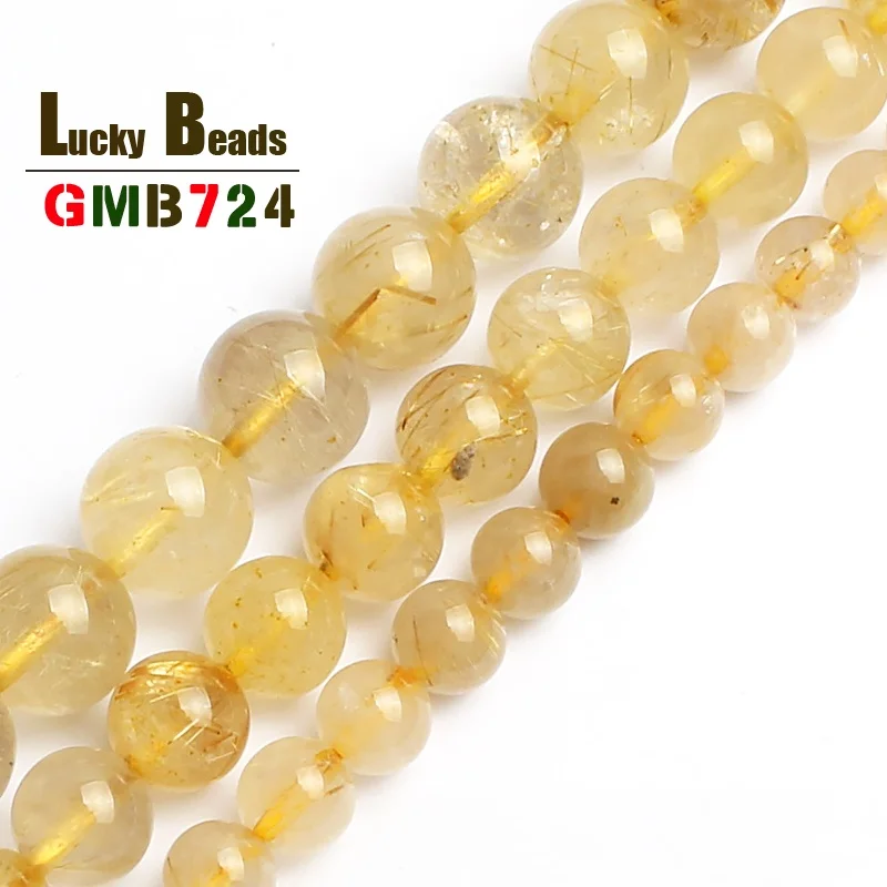 

Natural Gold Rutilated Quartz Stone Round Loose Beads For Jewelry Making Bracelet 15inch 6/8/10mm Pick Size