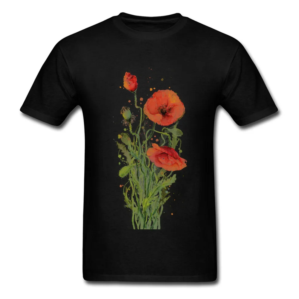 100% Cotton Young Short Sleeve Red Poppies Watercolor T-Shirt Summer Tops Shirt Plain Crazy Crew Neck Tee-Shirts Red Poppies Watercolor black
