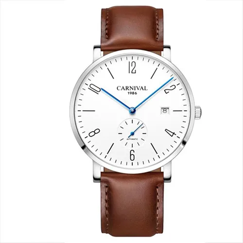 Карнавальные автоматические механические часы для мужчин, люксовый бренд, полностью стальные деловые мужские часы, кожа Calkskin, модные повседневные часы с датой - Цвет: Silver brown C8017