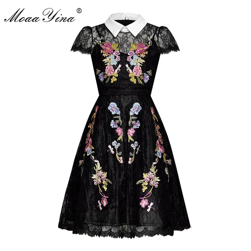 

MoaaYina Fashion Designer Runway dress Spring Summer Women Dress Lace Floral Embroidery Black Elegant Dresses