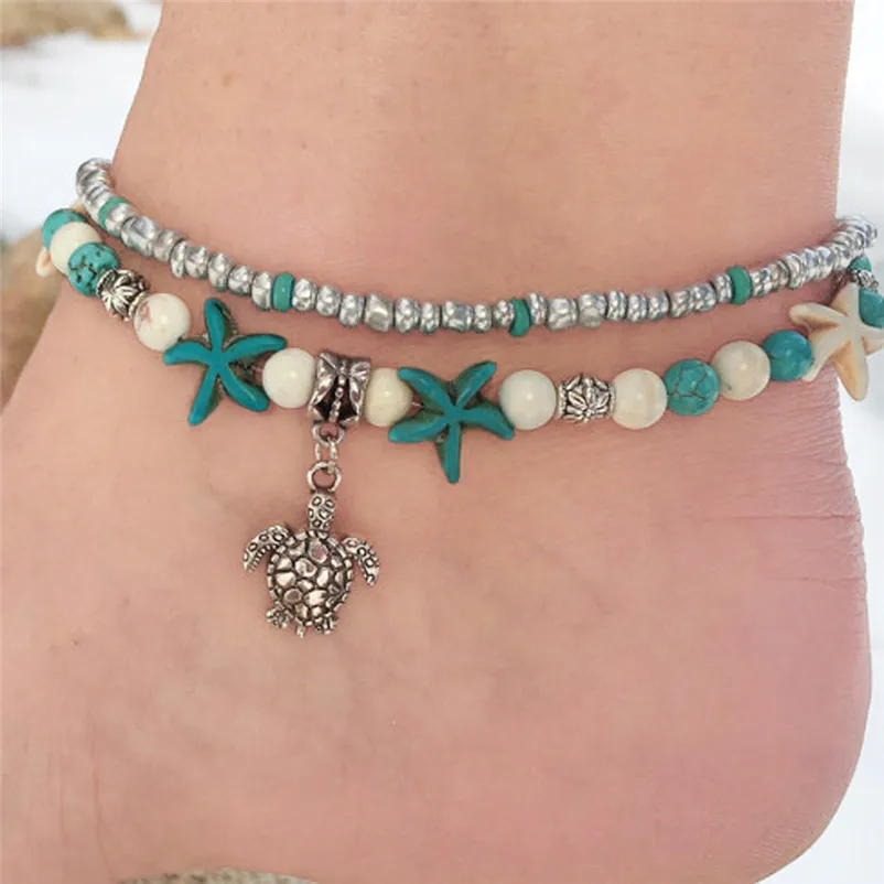 2018 NEW Beads anklets for women Double Turtle Sea Snail Sea Star Yoga Beach Foot Chain Sandals Pulseras Tobilleras J20#N (5)