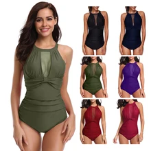 Купальники для плавания с управлением животиком, Женский цельный купальник, сетчатый монокини с высоким воротом