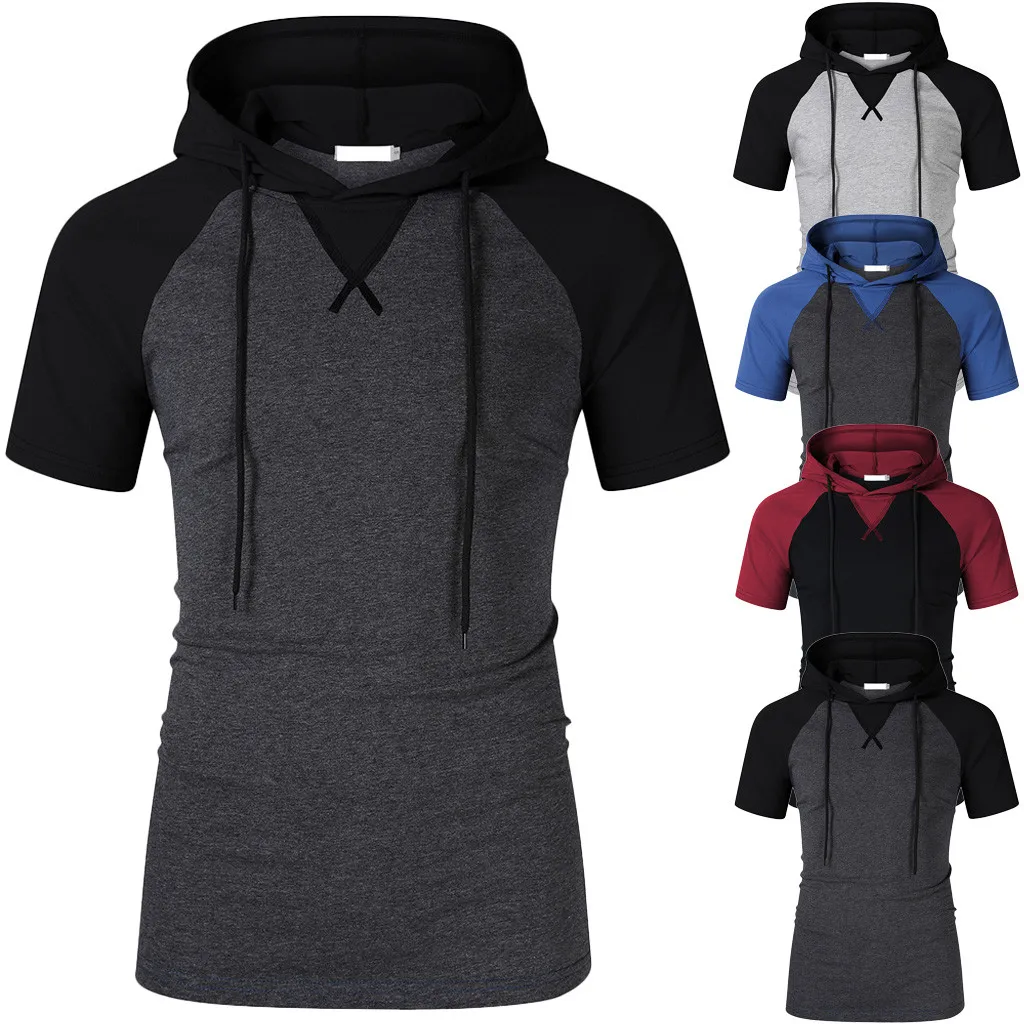 

Feitong Fashion Hooded Men Clothes Men's Summer Casual Patchwork Hoodie Hooded Short Sleeved T-shirt Top Blouse harajuku #C
