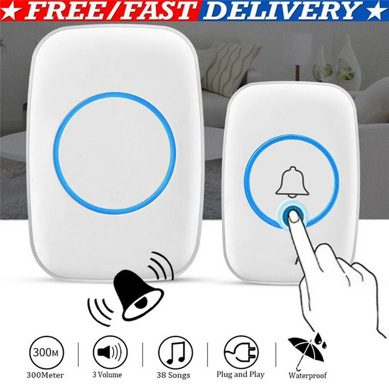 

Wireless Doorbell Battery Operated Door Bells 2 Remote Button+1 Plug in Receivers