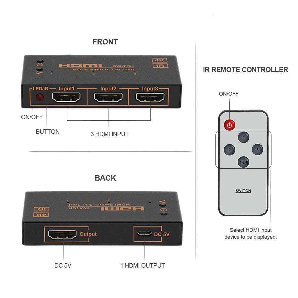 Hdmi коммутатор 3 в 1, Hdmi переключатель Встроенный ИК с дистанционным Hdmi переключатель селектор 3 в 1 Hdtv для портативных ПК