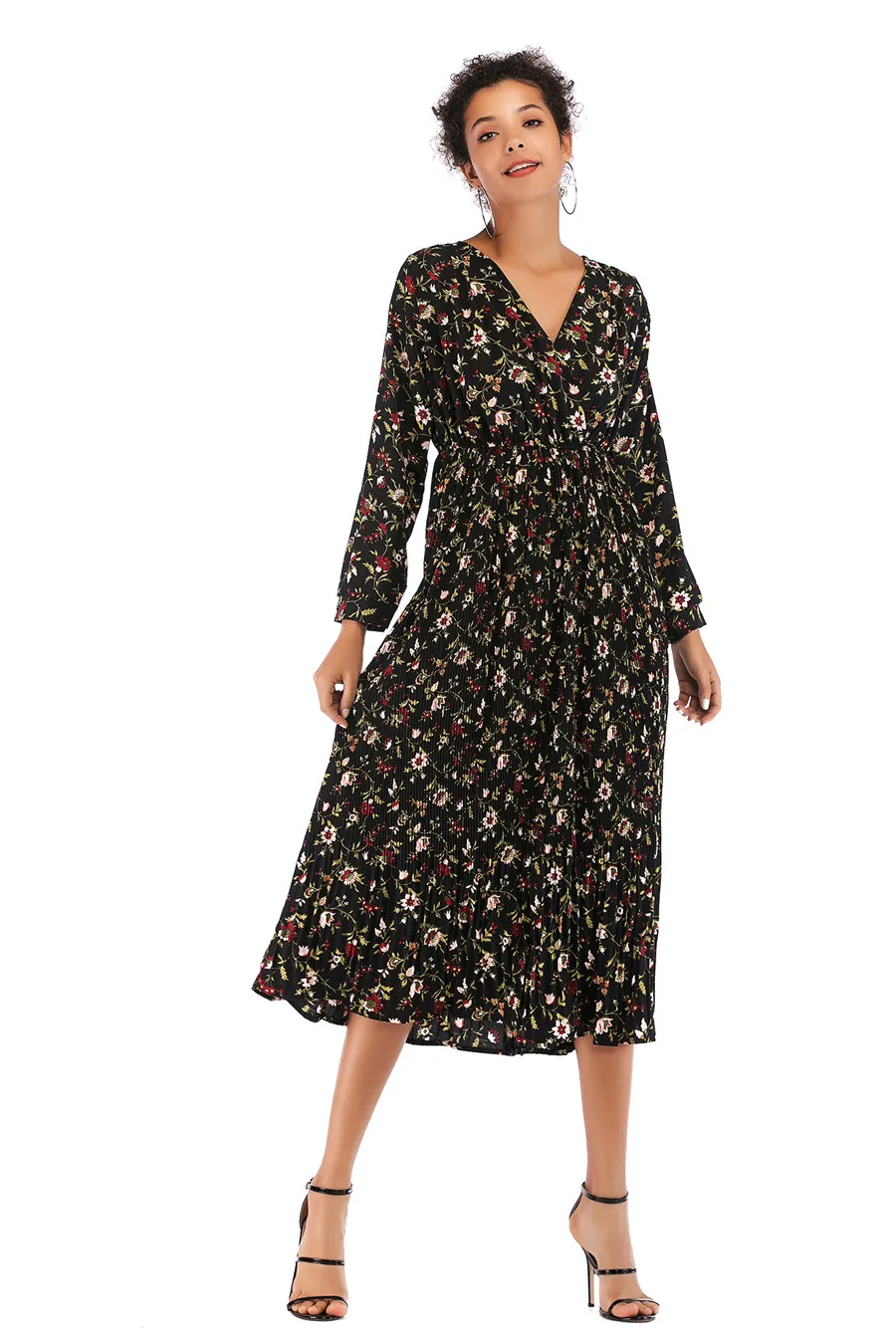 Gladiolus Hot 2018 Autumn Dress Women Long Sleeve V-Neck Sexy Floral Print Tunic Loose Midi Chiffon Dress Women Beach Sundress (23)