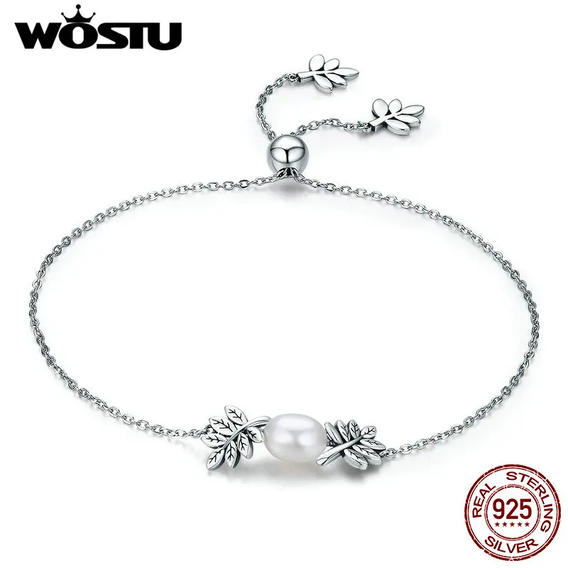 WOSTU подлинный 925 стерлингового серебра листья оливы пресноводный жемчуг цепь звено браслет для женщин 925 ювелирные изделия подарок BKB071