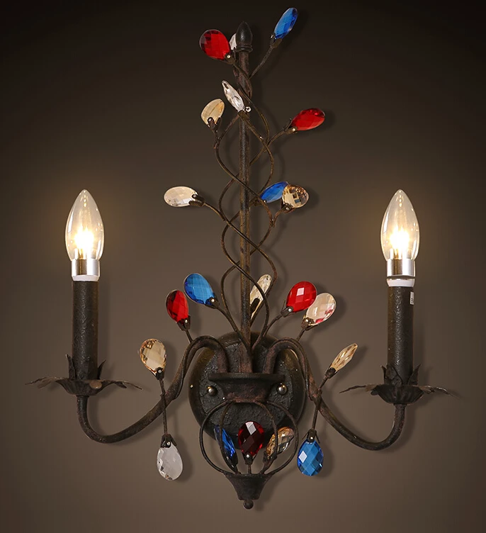 American Vintage Iron Wall Lamp Mediterranean Crystal Cafe Bar Restaurant Colour Wall Lamp Free Shipping