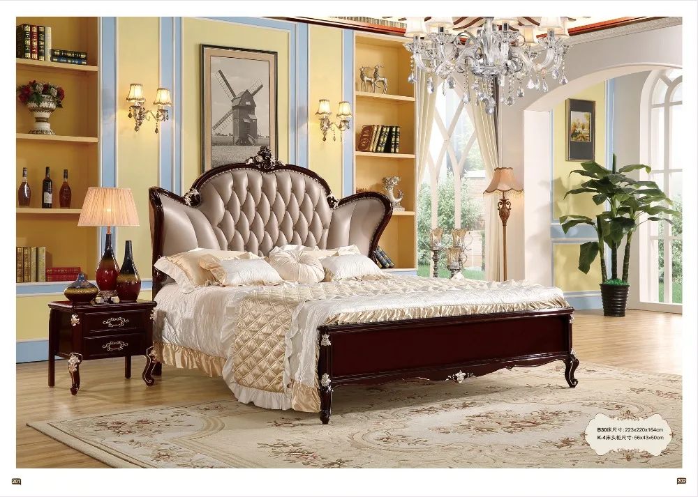 High Quality Modern Luxury Wooden Beds Furniture Sets Design, French Carving Leather Bed King Size bed