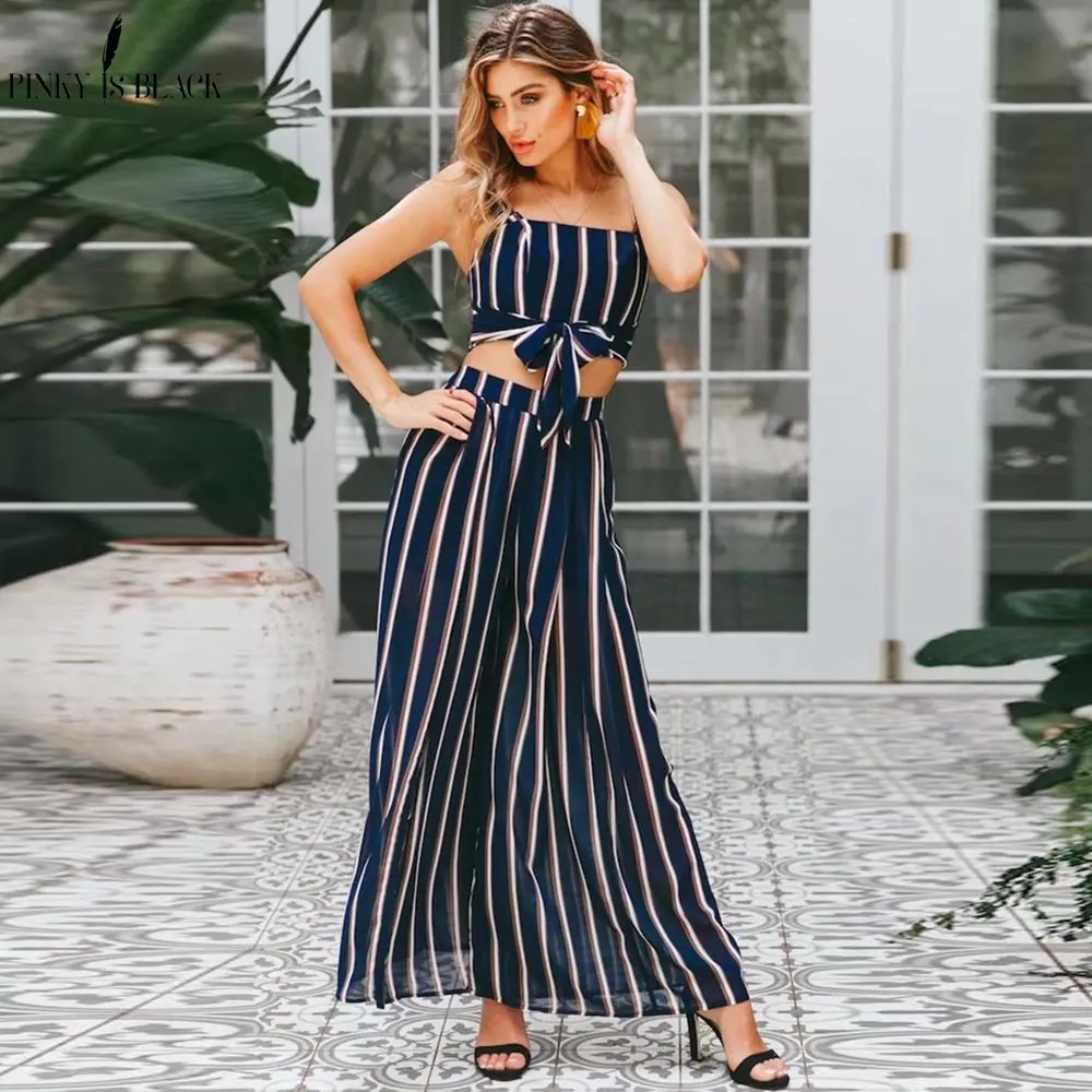 Buy Pinky Is Black Two Piece Backless Striped Jumpsuit