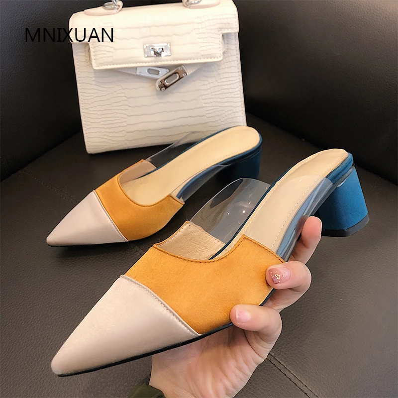 

MNIXUAN Fashion women shoes pumps sandals lady mules shoes 2019 spring new pointed toe silk transparent high heels big size34-43