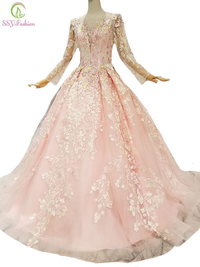 SSYFashion High end Evening Dress Luxury Pink Long Sleeved Floor length Lace Appliques Sequins