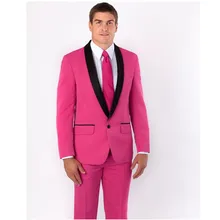 Custom Made New Arrival Groomsmen Shawl Black Lapel Groom Tuxedos Hot Pink Men Suits Wedding Best Man (Jacket+Pants)