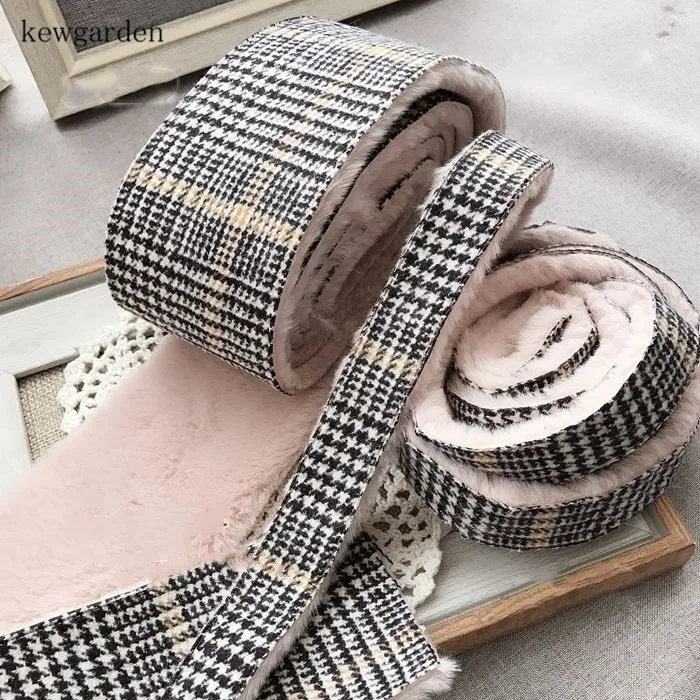 

Kewgarden Double Face Plaid Rabbit Plush Fur One Cloth Ribbons 75mm 25mm Handmade Tape DIY Bowknot Satin Ribbon 2 Meters