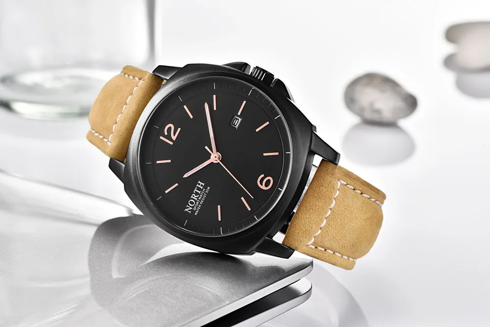 Роскошные мужские часы North N7702 спортивные кварцевые из натуральной кожи