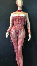 Women Stage Dance Stretch Jumpsuit Costume One-piece Fringes Big Stretch Spandex Rompers Outfit Red Crystals Tassel Jumpsuit 