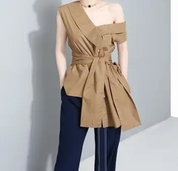 

Big bow irregular shoulder shirt sleeveless shirt female