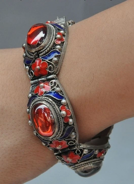 

8"tibet silver Cloisonne Enamel Inlay red gem flower Bracelets Bangle Jewelry