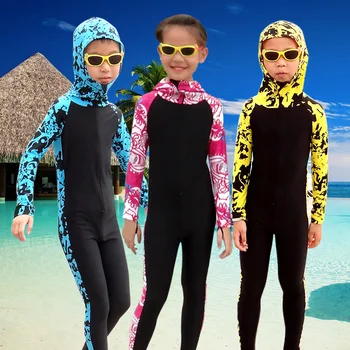 

Cute One-Piece Swimsuit Hooded Hijab Muslim Arabic Long Sleeve Modest Swimwear Islamic Girls' Swimming Clothes Printed Swimsuits