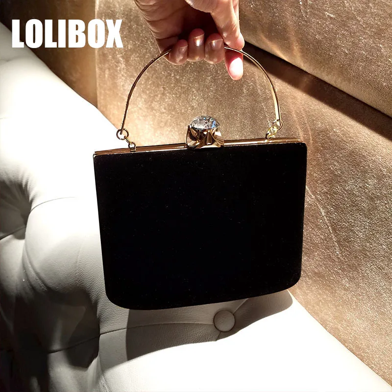 

LOLIBOX Women Bags With Metal Handle Velvet Winter Rhinestone Metal Handbag Chain Shoulder Bags Evening Party Dress Bag