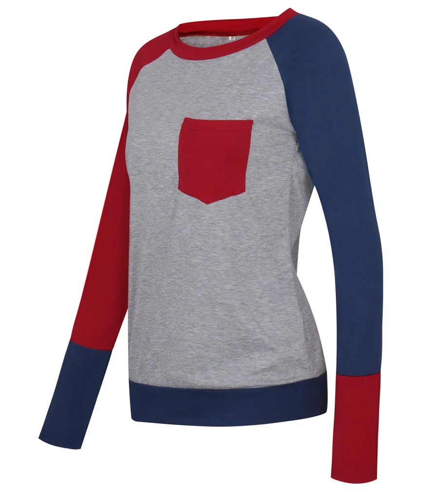Gladiolus Hot Fashion Patchwork T Shirt Women 2018 Long Sleeve O-Neck Pocket Style Women Tops T-shirt Autumn Ladies Tee Shirts  (39)