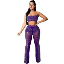 Two Pieces Set Sexy Rompers Women Bodycon Jumpsuit Sheer Mesh Diamonds Rhinestone Off Shoulder Skinny Club Bodysuit Overalls