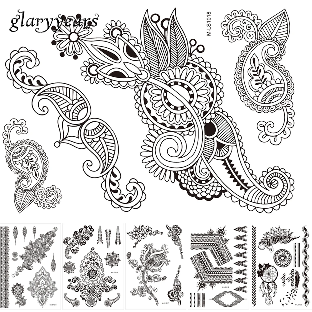 326 6 Feuilles Temporaire Art Corporel Tatouage Autocollant Fleur Dentelle Design Noir Chaîne Bracelet Bijoux Henné Tatouage Décalque Femme Unique