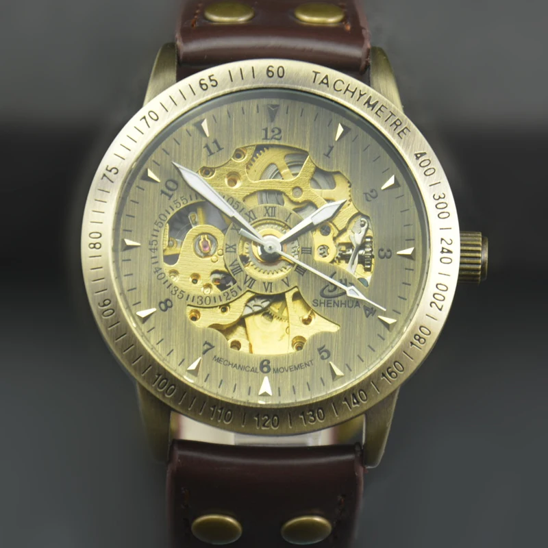 خمر البرونزية الرجال ساعة اليد الهيكل العظمي ساعة الذكور جلد حزام العتيقة Steampunk عارضة التلقائية الهيكل العظمي ساعات آلية خمر البرونزية الرجال ساعة اليد الهيكل العظمي ساعة الذكور جلد حزام العتيقة Steampunk عارضة التلقائية الهيكل العظمي ساعات آلية