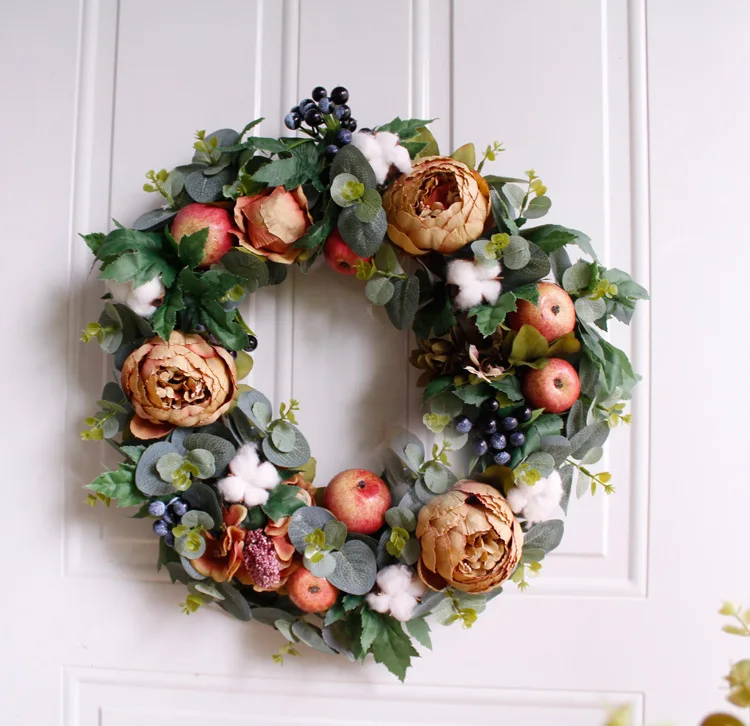 

42cm Christmas Wreath Fall Peony Decorations Door Wreath Wall Hanging Garland Artificial Flowers Home Wedding Decor Accessories
