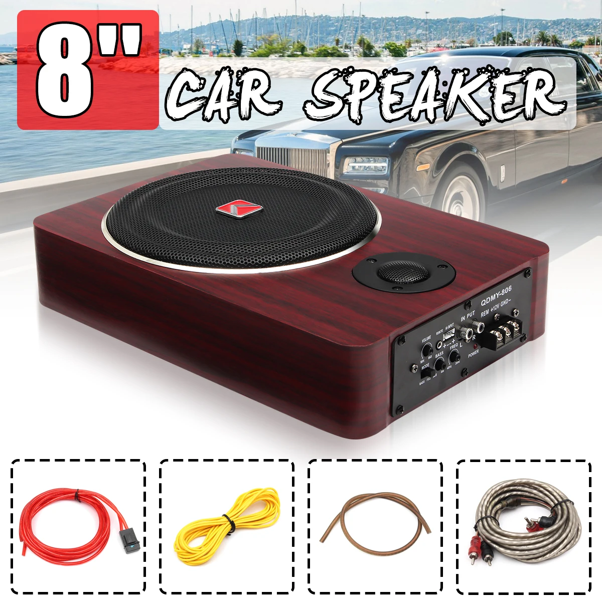 8 inch 600W Wood Under Seat Car Subwoofers Speaker Active 12V Auto Car Audio Stereo Brass Sub
