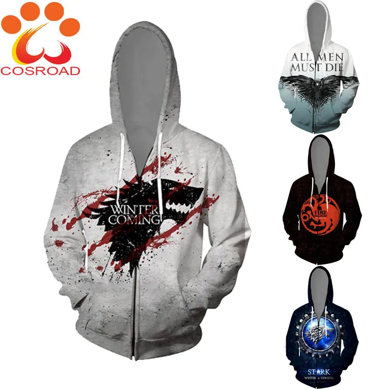 Cosroad Game of Thrones 8 Hoodie Cosplay Stark Hooded Sweaters Halloween Costume Men Women 3D Printed Zipper Jacket Coats