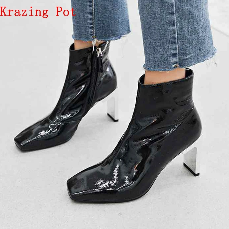 

Krazing Pot Winter genuine leather zip decoration motorcycle boots metal high heels streetwear square toe women ankle boots L70