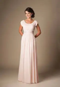 

Blushing Pink Long Formal Floor Length Chiffon Beach Modest Bridesmaid Dresses With Sleeves Ruched Temple Bridesmaids Gowns