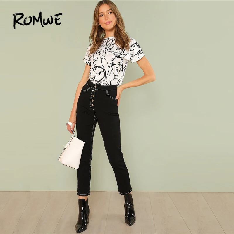 ROMWE Cartoon Print Tunic Top Casual Black And White Summer Short Sleeve Figure Women T-shirt Females Round Neck Tops