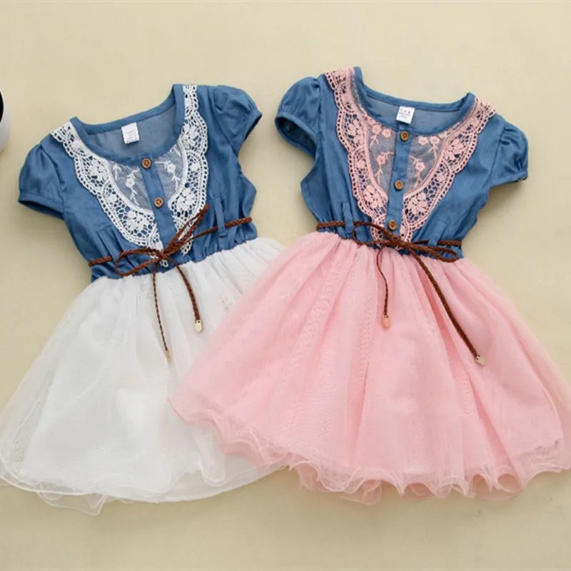 

2018 Brand Summer Girls Lace+Cowboy Lovely Dress Girls School Princess Short Sleeve O-Neck Cute Fashion School Dress Hot Sale