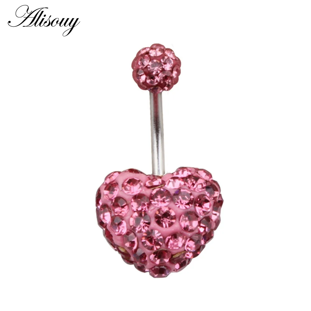 Rose Red Сердце Double Side живот пирсинг Кольца Хирургическая Сталь Кристалл дискотечный шар пупка кольца, пирсинг пупка - Окраска металла: Rose Red