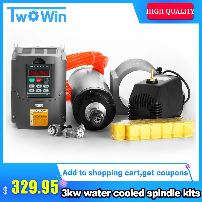 

3kw water cooled spindle 3KW spindle motor + 220v/3kw frequency inverter+ER20 lathe chuck +100mm spindle clamp+3.5m pump+pipe