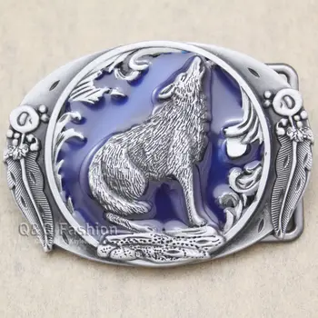 

Western Vintage Silver Belt Buckle Blue Howling Wolf Tactical Alchemy Coyote Feather Cowboy Men Gift Costume Jewelry Acessories