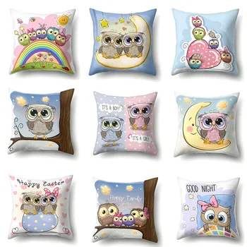 

Cartoon Cushion Cover Owl Family Print Pillow Case Bird Polyester Cotton 45*45 CM Throw Pillow Cover Decoration