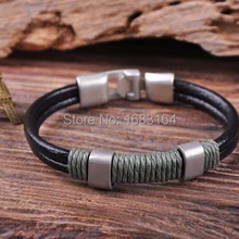 G35 серебряная застежка Surfer 4 мм кожи конопли Мужская жесткий Браслет-манжета зеленый