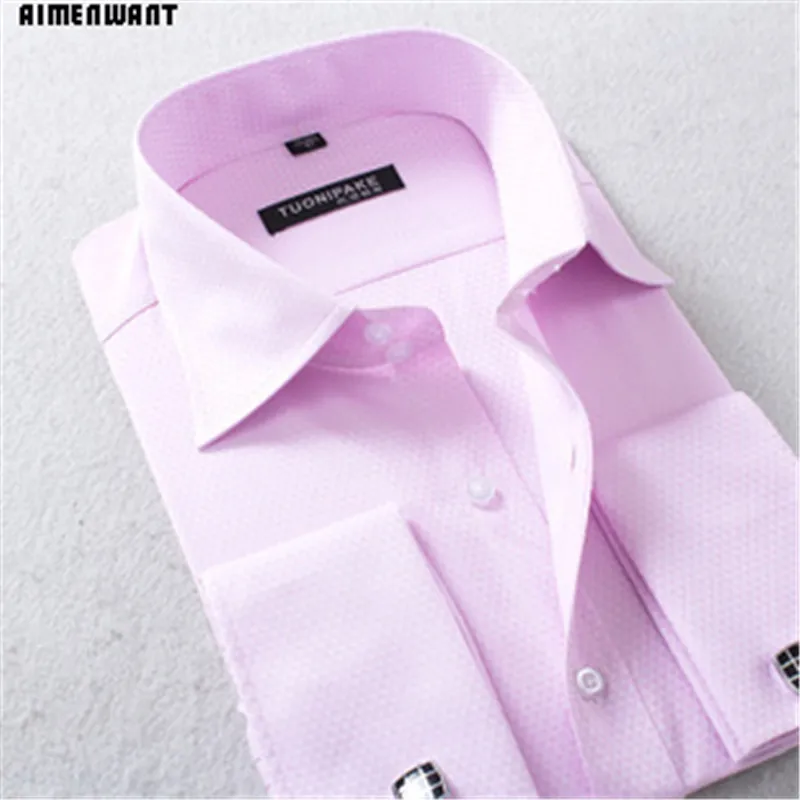 Spring Business Shirt Mens Long Sleeve Slim Fit French Cuff Shirts Luxury Formal Checked Tees For Gifts