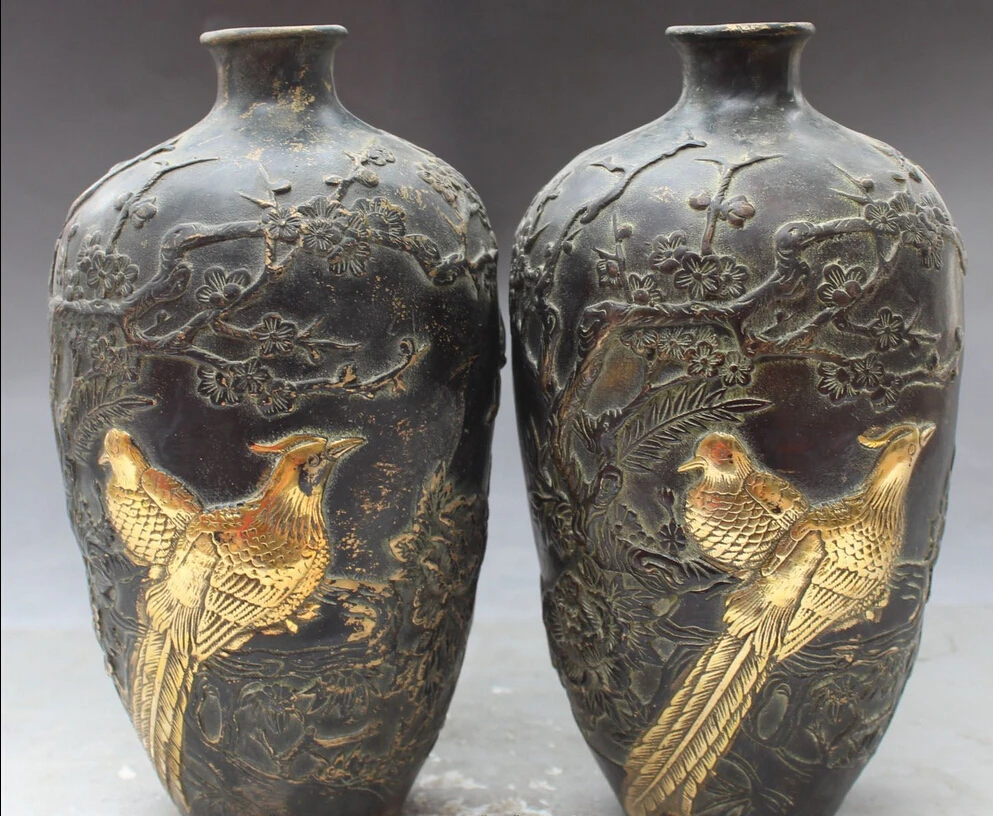 

S0034 8"Old Marked Chinese Bronze Gilt Carving Flower Bird Vase Bottle Pot Statue Pair D0318
