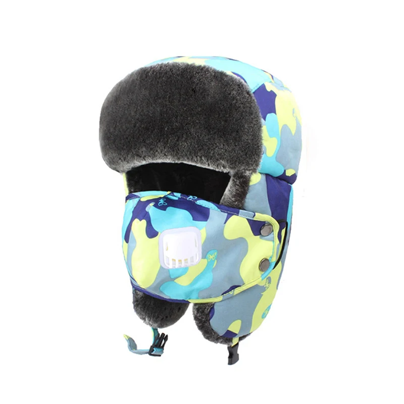 JOYHOPY Children Hat Thick Warm Kids Boys Girls Earflap Winter Trooper Hat Cap Windproof Mask Kids' Trapper/Trooper Hat - Color: Camouflage yellow