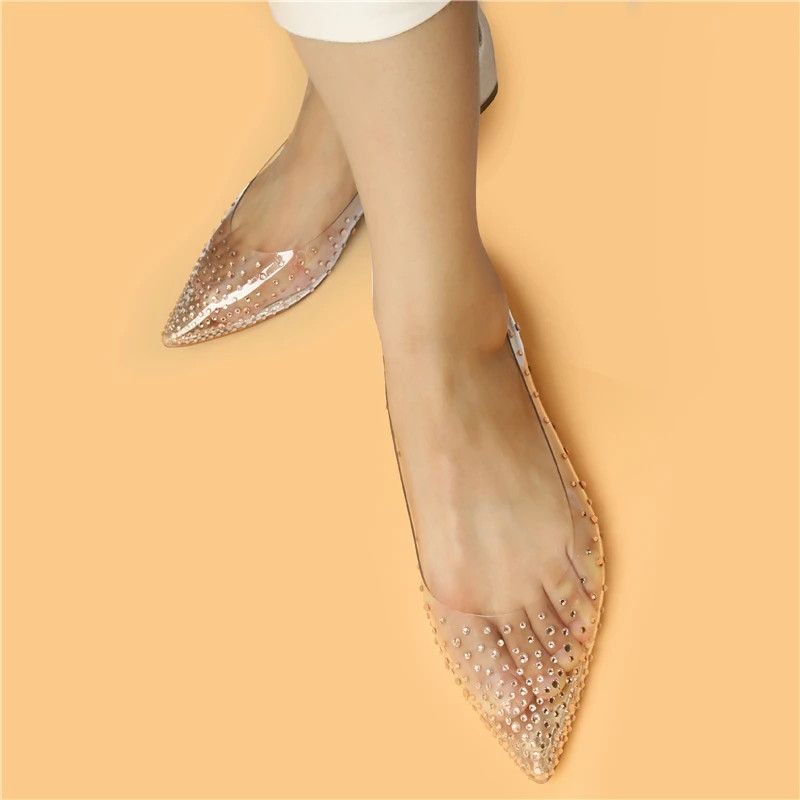 Buono Scarpe/блестящие Прозрачные Свадебные туфли на плоской подошве с острым носком; Роскошные женские туфли со стразами; летние туфли на плоской подошве со стразами