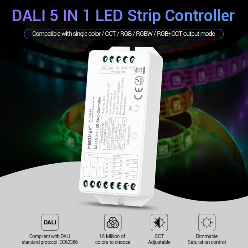 MiBOXER DC12V-24V DALI 5 IN 1 LED strip Controller DL5 15A dimmer for single color/CCT/RGB/RGBW/RGB+CCT led strip light