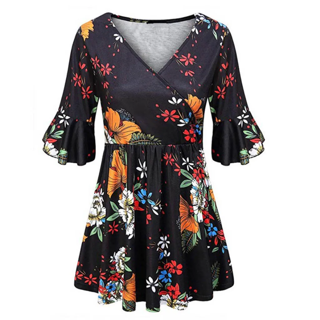 

Ftitong Floral Large Size Women Blouse WomenPrint V Neck Bell Sleeve Blouse Loose Sexy S-XXL Blouse blusas mujer de moda 2019