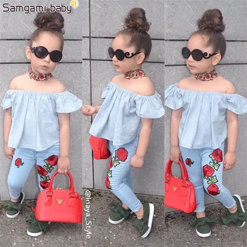 

SAMGAMI BABY Girls Clothing Set Summer Blue Off Shoulder Tops+Rose Printed Pants 2pcs Kids Clothes Fashion Suit Outfits for 2-7Y