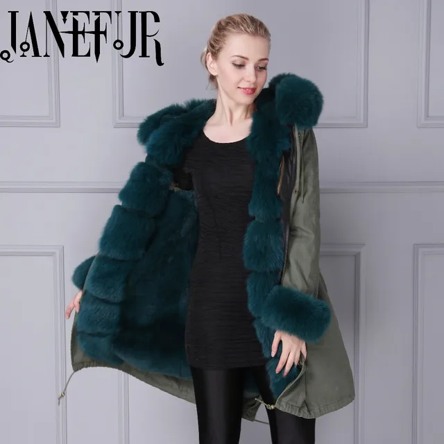 Cheap Winter long style camouflage genuine dark green fox fur,faux fur inside men women padded parka coat